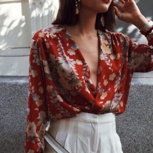 ZARA Red Floral Silky Bodysuit Blouse
